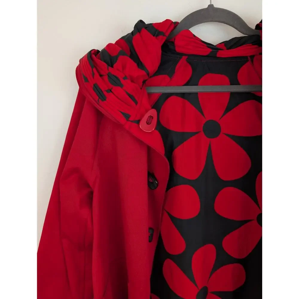 UBU Raincoat Reversible Pleated Floral Hooded Spring Fall Quirky Red Size S